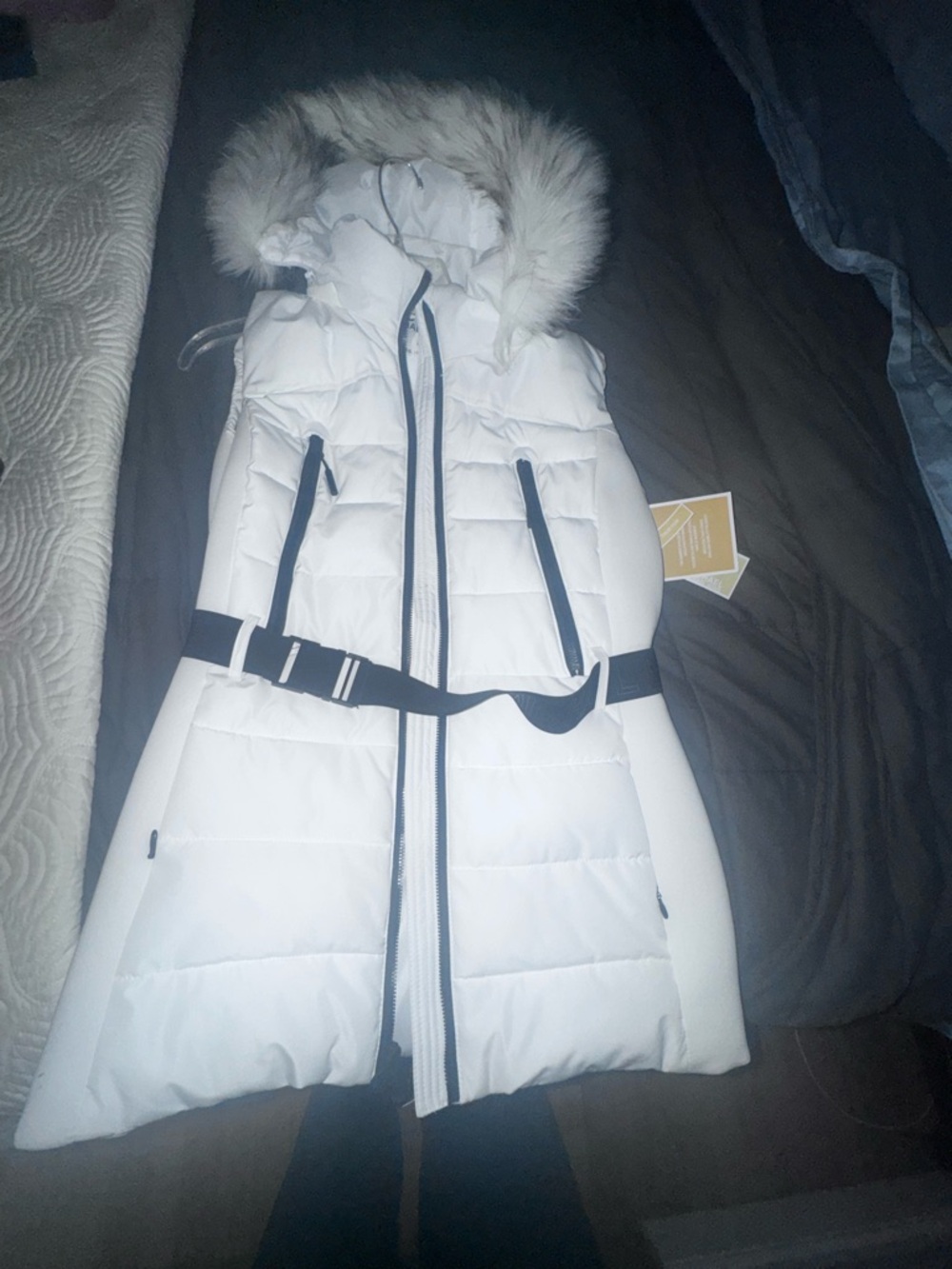 Michael Kors White Hooded Puffer Vest with Faux-Fur Trim